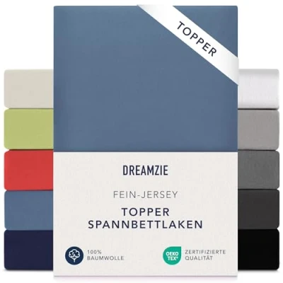 Abbildung von Dreamzie Premium Topper Spannbettlaken 180x200 cm 200x200 extra niedriger Seitenhöhe für Boxspringbett Topperauflage Spannbetttuch Jersey Baumwolle, 150 g/m² Oeko TEX Blau