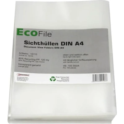 Abbildung von Sichthüllen Aktenhüllen A4 / 100 Stück/nachhaltig aus Post Consumer Recycling PP 120 my transparent, oben und seitlich offen (Transparent genarbt)