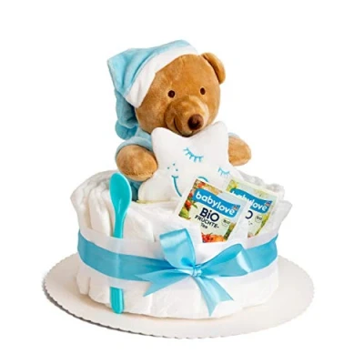 Abbildung von Windeltorte Junge in Blau Handgefertigtes Baby Geschenk zur Geburt &amp; Taufe mit Kuscheltier, Windeln, Glückwunschkarte Babyparty Geschenkidee