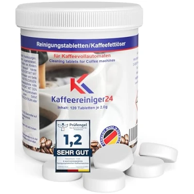 Abbildung von Reinigungstabletten für Kaffeevollautomaten und Kaffeemaschinen 120x 2g Reinigungstabs sind getestet kompatibel mit Jura, Siemens, EQ Series, Melitta, Nivona, Krups, Bosch, Miele uvm.
