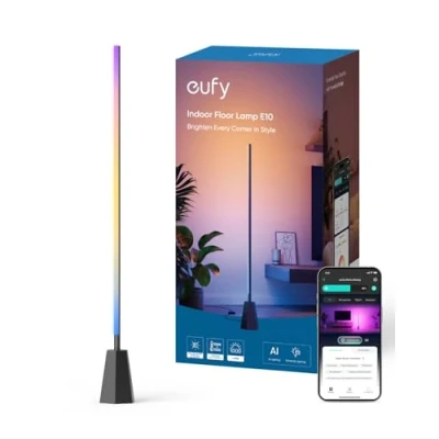 Abbildung von eufy Zimmer Stehlampe E10, RGBWW LED, Smarte für Wohn und Schlafzimmer, 16 Mio. Farben, 1700 Lumen, Kompatibel mit Google, Endlose KI Lichtthemen, App Steuerung, Musikmodus, Schwarz