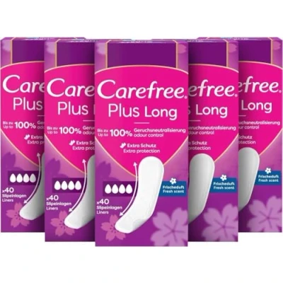 Abbildung von Carefree Slipeinlagen Plus Long mit leichtem Duft (5 x 40 Stück), super saugstarke &amp; extra lange Slipeinlagen, um Flüssigkeiten sofort einzuschließen, Größe