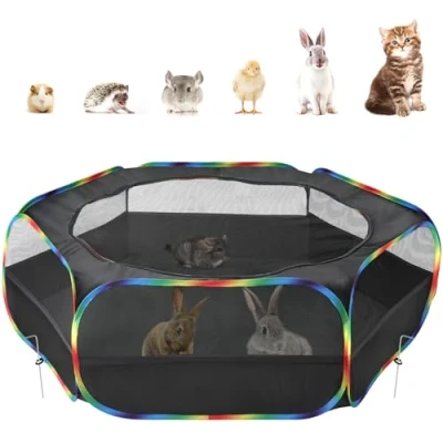 Abbildung von Pawaboo Kleintiere Freigehege, Wasserdicht Faltbar Kaninchen Freilaufgehege für Hasen Hühner Kätzchen Welpen Hamster, Laufstall mit Netz Reißverschluss und Nylonboden, Schwarz + Regenbogen