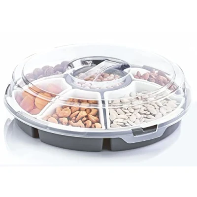 Abbildung von Spetebo Transport Servierset mit 6 Schalen Ø 33 cm Runde Snack und Dip Transportbox Deckel Snackteller Snackbox Tapas Schüsseln Servier Teller spülmaschinenfest