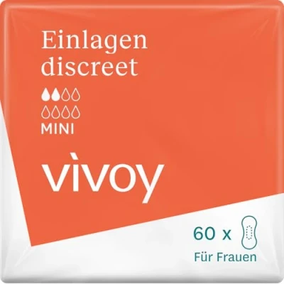 Abbildung von Vivoy Discreet Mini 60 Einlagen im Monatspaket (6 x 10 Stück) bei leichter Blasenschwäche und Inkontinenz Hygieneeinlagen für Frauen einzeln verpackt