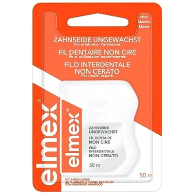 Abbildung von elmex Zahnseide 50m ungewachstes Zahnband für eine gründliche Zahnreinigung Faden mit Flauscheffekt und Aminfluorid beugt Karies Zahnfleischentzündungen vor