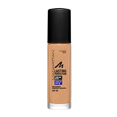 Abbildung von Manhattan Lasting Perfection 25 Stunden Make up, Creamy Beige 61, feuchtigkeitsspendende Foundation, langanhaltend, hohe Deckkraft, für einen makellosen Teint, 30 ml