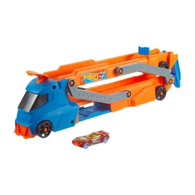 Abbildung von Hot Wheels Spielzeugauto im Maßstab 1:64, eine ca. 76 cm Lange Rennstrecke mit einem Starter, Platz für bis zu 9 Autos lässt Sich Anderen Sets verbinden, HYT83
