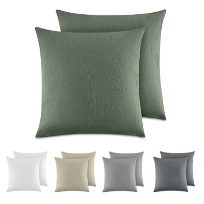 Abbildung von Dreamzie Kissenbezug 80x80 cm 2er Set 100% Gewaschene Baumwolle, Grün, Kissenbezüge Oeko TEX Zertifiziert, Leinenoptik und Atmungsaktiv Kissenhülle, Kopfkissenbezug mit Reißverschluss
