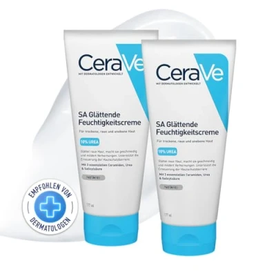 Abbildung von CeraVe SA Urea Glättende Feuchtigkeitscreme für den Körper, Creme trockene, raue und unebene Haut, Mit Urea, Salicylsäure, Hyaluron 3 essenziellen Ceramiden, 2 x 177 ml