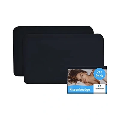 Abbildung von Kissenbezug 40x25 Schwarz Doppelpack, Perfekt für VOLAR Reise Kissen, Baumwolle (Double Jersey), Bügelfrei &amp; trocknergeeignet, Kissenhüllen 2er Set mit Reißverschluss, Oeko Tex Zertifiziert