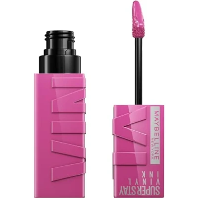 Abbildung von Maybelline New York SuperStay Vinyl Ink Pink Flüssiger Lippenstift, Effekt, glänzend, dauerhafter Halt, Farbe: Edgy (165)