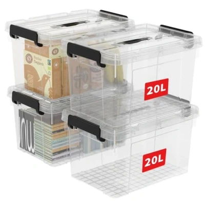 Abbildung von Cetomo 20L*4 Aufbewahrungsboxen, Tragbare Plastikboxen mit Deckeln, Organizer Behälter Griff und Clips, Stapelbar, Ineinander Nestbar, für Zuhause Büro, Transparent, 20L 4er Pack