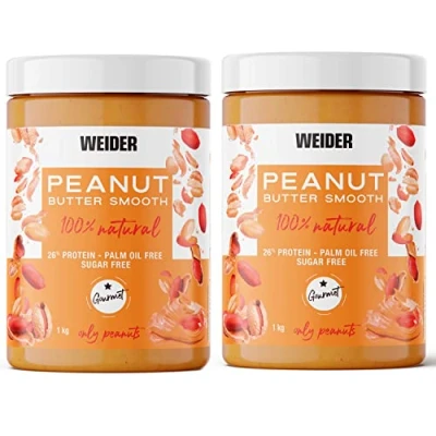 Abbildung von Weider DUO Pack Peanut Butter Smooth (2x1kg), 100% Erdnüsse, natürlich, lecker, Natürliche Proteinquelle mit 26% Protein, Ohne Zusätze, Palmöl. Zuckerzusatz, Cremige Textur, Vegan
