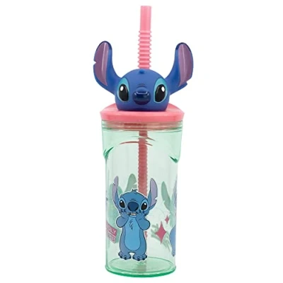 Abbildung von WIEDERVERWENDBARER KINDERBECHER AUS BPA FREIEM KUNSTSTOFF 430 ML MIT 3D FIGUR AUF DEM DECKEL STITCH FLOWERS, Blau/Lila
