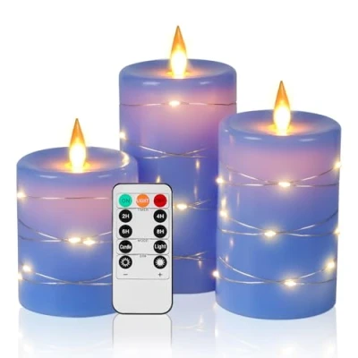 Abbildung von LED Kerzen, 3 Batteriekerzen, mit 11 Tasten Fernbedienung, 24 Stunden Timer Funktion, tanzende Flamme, echtes Wachs (blau)