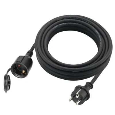 Abbildung von Verlängerungskabel Outdoor 10m für den Außenbereich, Gummi Verlängerung Stromkabel mit Schuko Stecker, IP44 Verlängerungsleitung 3G1,5 mm² Kabel, Elektrokabel außen, Schutzkappe, 3500w, Schwarz