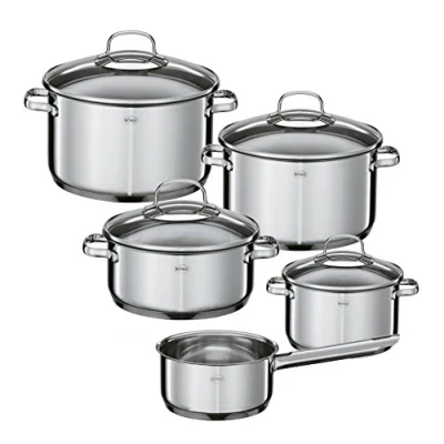 Abbildung von RÖSLE ELEGANCE Topfset, 5 tlg., Edelstahl 18/10, 2 ton poliert, mit Glasdeckel, Bratentopf, Kochtopf, Stielkasserolle, Innenskalierung, induktionsgeeignet, spülmaschinengeeignet