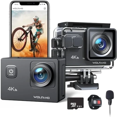 Abbildung von WOLFANG Action Cam 4K30FPS 20MP mit 32GB microSDXC Speicherkarte WiFi 40M Unterwasserkamera Wasserdicht EIS Actioncam Fernregler Mikrofon Zubehör Kit