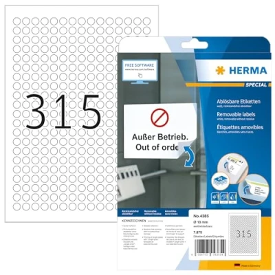 Abbildung von HERMA 4385 Universal Etiketten ablösbar rund, 25 Blatt, Ø 10 mm, 315 pro A4 Bogen, 7875 Stück, selbstklebend, bedruckbar, matt, blanko Papier Klebeetiketten Aufkleber, weiß