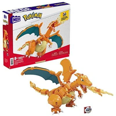 Abbildung von Mega Pokémon Glurak, Figur zum Zusammenbauen, 223 Bausteinen, mit beweglichen Flügeln und Pokéball Stift, Spielzeug, ab 6 Jahre, GWY77