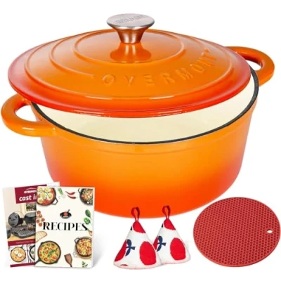 Abbildung von Overmont Schmortopf Gusseisen Topf 26cm Emaille Bräter mit Deckel backofengeeignet Kochbuch für Küche Backen Schmoren Braten Orange