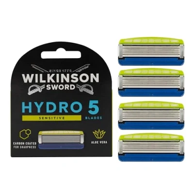 Abbildung von WILKINSON SWORD Hydro 5 Sensitive Rasierklingen für Männer Feuchtigkeitsspendendes Gel und umklappbarer Trimmer Packung mit 4