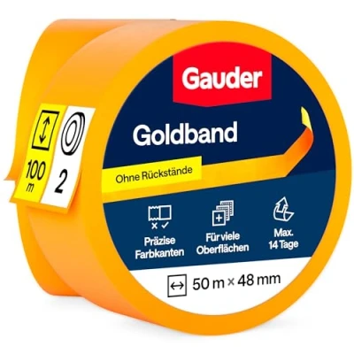 Abbildung von GAUDER Goldband aus Premium Washi Tape für präzise Farbkanten Rückstandsfreies Malerkrepp, Profi Kreppband und Abdeckband Malerband zum Streichen Lackieren (2 Rollen 48 mm x 50 m)