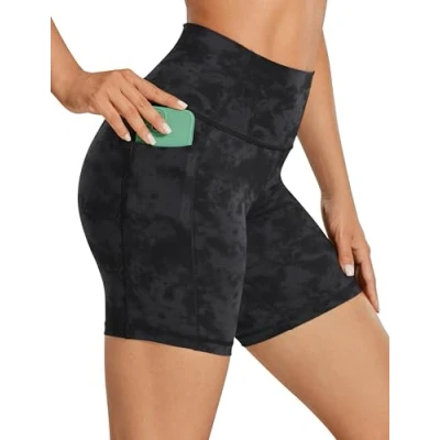 Abbildung von CRZ Yoga Naked Feeling Damen Radlerhose mit Taschen Hohe Taille Shorts Kurze Sporthose Sport Leggings Sportshorts 15cm Der Rauchtintennebel 38