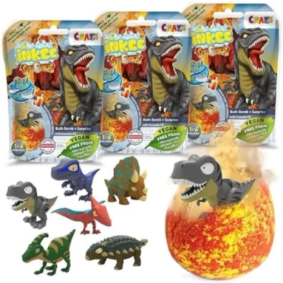 Abbildung von INKEE SURPRISE DINO 3er Bundle Kinder Badebomben mit Dinosaurier Figuren, 3x Ei Form Pfirsich Eistee Aroma, Badekugeln Badewannenspielzeug