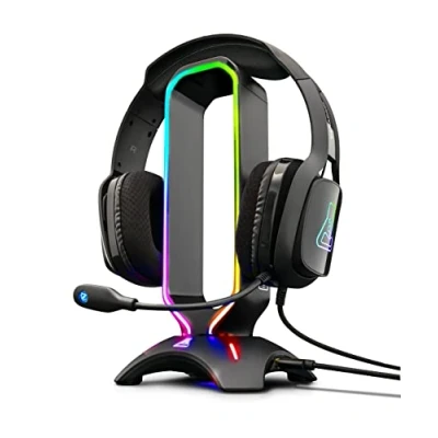 Abbildung von THE G LAB K Stand RADON Gaming Kopfhörer Stander RGB Hintergrundbeleuchtung, USB Hub 2 x 2,0, Rutschfeste Basis Universalhalterung für Gamer PC PS4 Xbox One (Schwarz)