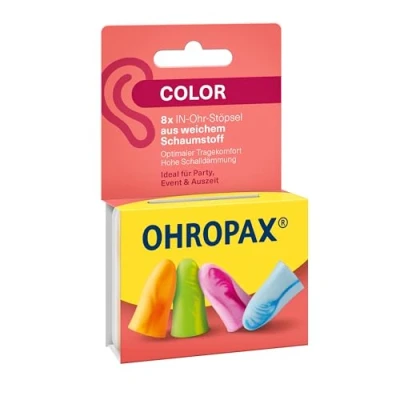 Abbildung von OHROPAX Color Ohrstöpsel IN Ohr Stöpsel aus weichem Schaumstoff besonders komfortabel, auch bei langem Tragen Schalldämmwert SNR 35 dB ideal für Party, Event und Auszeit 8 Stück