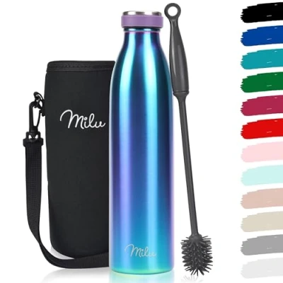 Abbildung von Milu Edelstahl Trinkflasche 350ml, 500ml, 750ml, 1L, 1,5L Thermosflasche für Kinder Erwachsene auslaufsicher Isolierflasche Kohlensäure geeignet inkl. Reinigungsbürste (Aurora, 750ml)