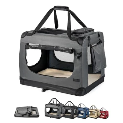 Abbildung von lionto Hundetransportbox faltbar für Reise &amp; Auto, 82x58x58 cm, stabile Transportbox mit Tragegriffen Decke Katzen Hunde bis 18 kg, robuste Hundebox aus Stoff klein groß, grau