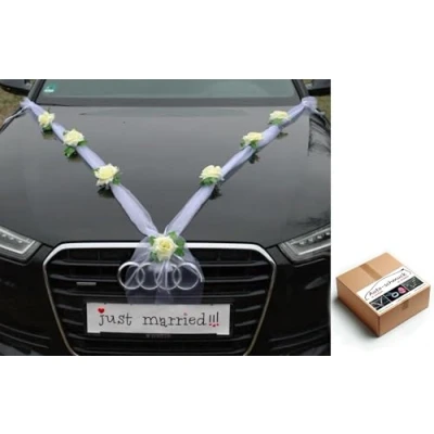 Abbildung von Organza M Auto Schmuck Braut Paar Rose Deko Dekoration Autoschmuck Hochzeit Car Wedding Girlande PKW (Ecru2/Weiß)