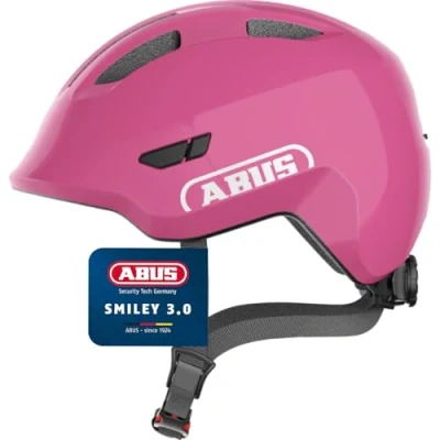 Abbildung von ABUS Kinderhelm Smiley 3.0 Fahrradhelm mit tiefer Passform, kindergerechten Designs &amp; Platz für einen Zopf Mädchen und Jungs Pink Glänzend, Größe M