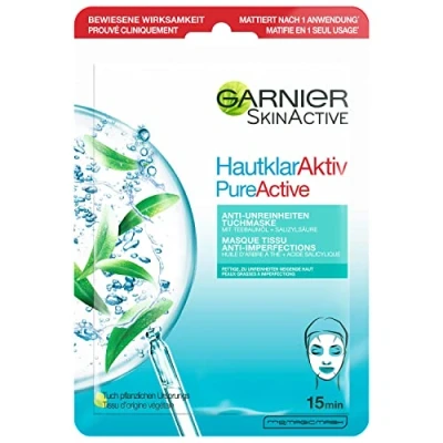Abbildung von Garnier Tuchmaske, Gesichtsmaske für fettige Haut, Anti Unreinheiten, Formel mit Teebaumöl und Salizylsäure, Hautklar Aktiv, 23 g