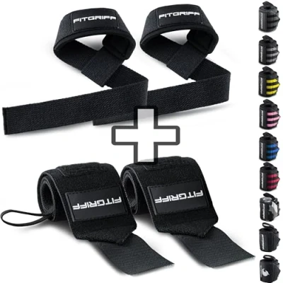 Abbildung von Fitgriff® Handgelenk Bandagen + Zughilfen (2er Set) für Krafttraining, Fitness, Bodybuilding, Gewichtheben, Gym, Kraftsport Frauen und Männer (Black)