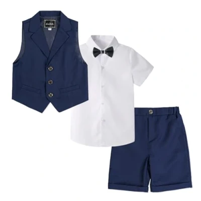 Abbildung von LOLANTA 4 teiliger Kinder Freizeit Anzug Set, Jungen Sommer Festlich Hochzeitsanzug, Kurzarm Hemd, Fliege, Weste, Kurze Hose, Dunkelblau, 6 7 Jahre, 140