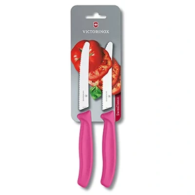 Abbildung von Victorinox, Swiss Classic, Profi Gemüsemesser Set,1 x Normaler Schliff, 1 Wellenschliff, Extra Scharf, Made, orange