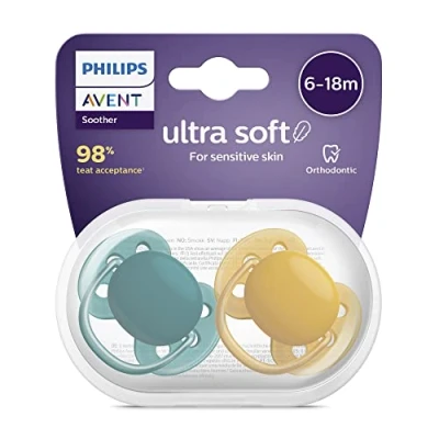 Abbildung von Philips Avent Ultra Soft Schnuller, 2er Pack BPA freier Schnuller für Babys von 6 bis 18 Monaten, dunkelgrün/dunkelorange (Modell SCF091/04)