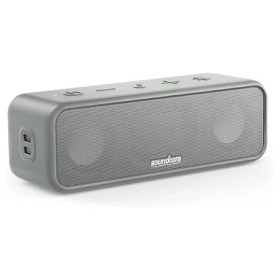 Abbildung von soundcore 3 Bluetooth Lautsprecher, Stereo Sound, Audiotreiber mit Titan Membran, PartyCast, BassUp, 24 Stunden Akku, IPX7 Wasserschutz, individueller EQ, für Zuhause, Draußen, Garten (in Grau)
