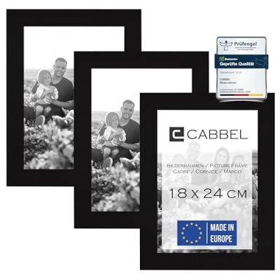Abbildung von CABBEL Doppelpack (3er Set) 3X Bilderrahmen 18x24 cm, Schwarz, stabiles MDF Holz Rahmen, bruchsicherem Plexi Glas, zum Aufhängen &amp; Aufstellen, ideal für Fotos/Bilder/Collage