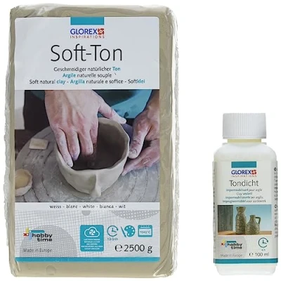 Abbildung von GLOREX 6 8075 300K Set für Kreative: Soft Ton 2500 g in weiß, lufthärtend oder brennbar und 100 ml Tondicht zur Versiegelung