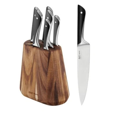 Abbildung von Jamie Oliver by Tefal K267S7 7 teiliger Messerblock 6 Küchenmesser + Holz hohe Schneideleistung unverwechselbares Design widerstandsfähige und langlebige Klingen Braun/Schwarz