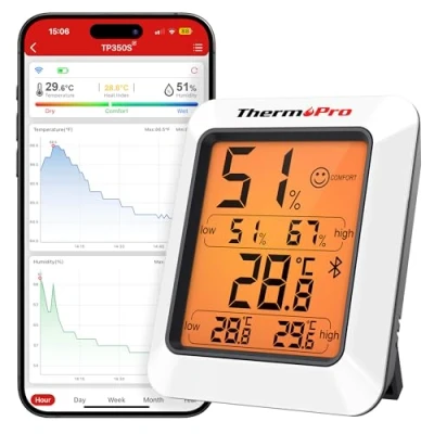 Abbildung von ThermoPro TP350 80m Bluetooth Thermometer Hygrometer Innen Temperatur und Luftfeuchtigkeitsmesser mit APP Datenexport für Innenraum, Büro, Weinkeller, Gewächshaus