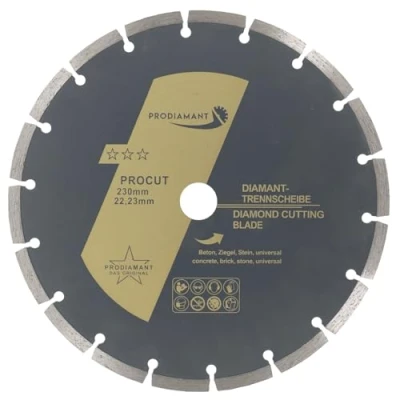 Abbildung von PRODIAMANT Diamanttrennscheibe 230mm universal Trennscheibe für Stein, Beton, Granit, Mauerwerk, Ziegel Zubehör Winkelschleifer