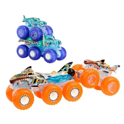 Abbildung von Hot Wheels Monster Trucks Spielzeugtruck &amp; Big Rig Multipack, Mega Wrex Tigerhai im Maßstab 1:64 mit Rigs in passender Power Smashers Deko, HYJ29