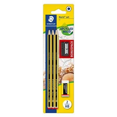 Abbildung von STAEDTLER Bleistifte Noris, HB, sechskant, Set mit 3 unglaublich bruchfesten Bleistiften, 1 Spitzer, Radiergummi, hohe Qualität Made in Germany, 120 SBK3P1