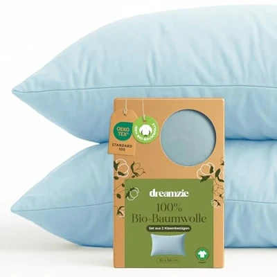 Abbildung von Dreamzie 100% Bio Baumwolle Kissenbezug 30x50 cm 2er Set Blau mit Reißverschluss Oeko Tex
